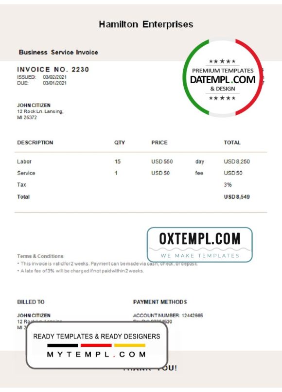 editable template, USA Hamilton Enterprises invoice template in Word and PDF format, fully editable