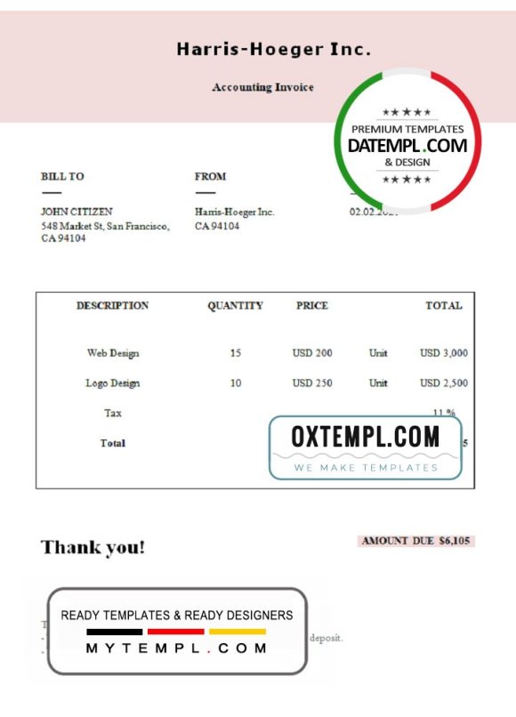 editable template, USA Harris-Hoeger Inc. invoice template in Word and PDF format, fully editable