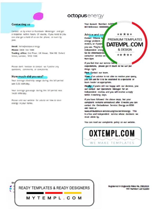 editable template, United Kingdom Octopus Energy utility bill template in Word and PDF format, 3 pages - Image 2