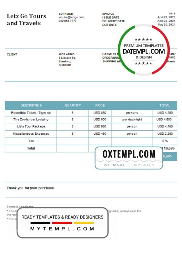 editable template, USA Letz Go Tours and Travels invoice template in Word and PDF format, fully editable