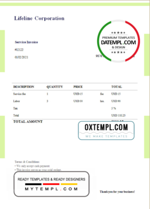USA Lifeline Corporation invoice template in Word and PDF format, fully editable, version 1
