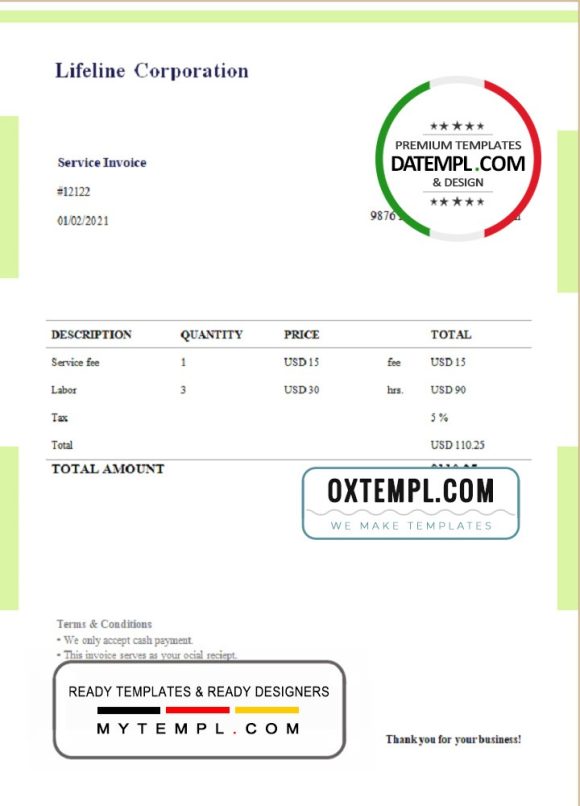 editable template, USA Lifeline Corporation invoice template in Word and PDF format, fully editable, version 1