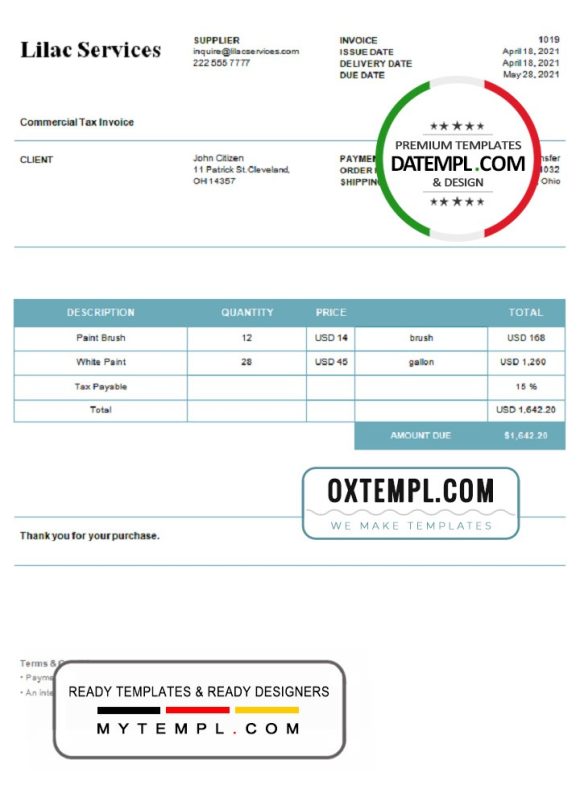 editable template, USA Lilac Services invoice template in Word and PDF format, fully editable