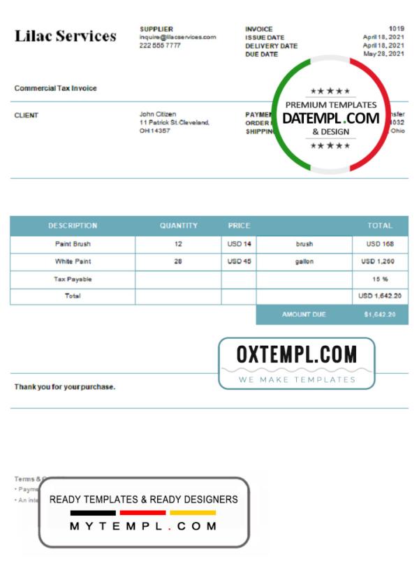 editable template, USA Lilac Services invoice template in Word and PDF format, fully editable