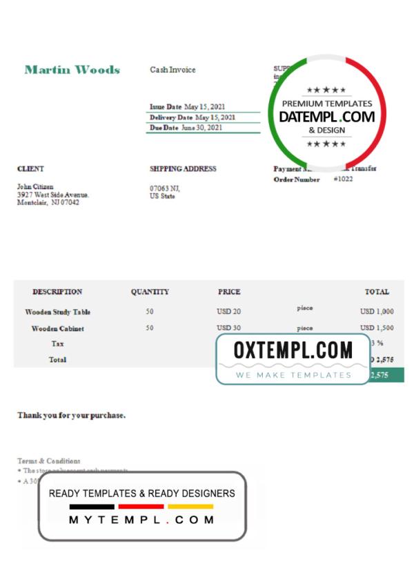 editable template, USA Martin Woods invoice template in Word and PDF format, fully editable
