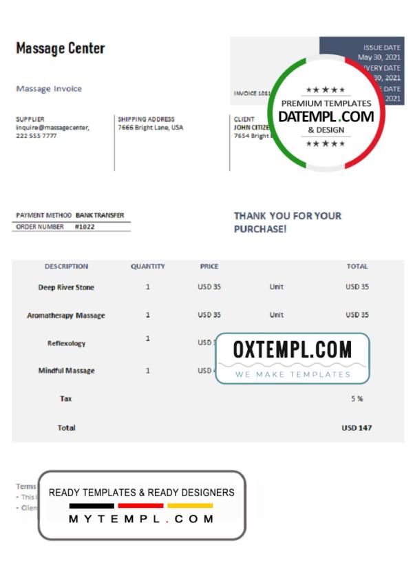 editable template, USA Massage Center invoice template in Word and PDF format, fully editable
