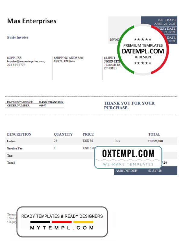 editable template, USA Max Enterprises invoice template in Word and PDF format, fully editable