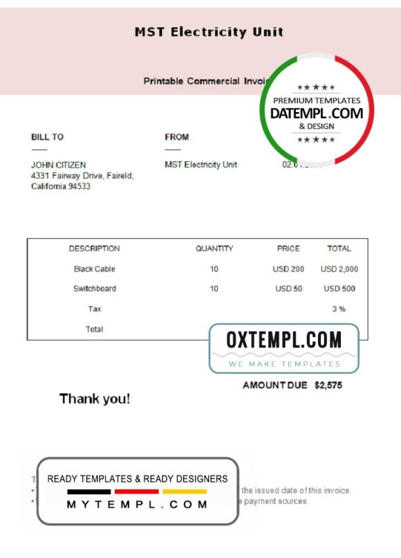 editable template, USA MST Electricity Unit invoice template in Word and PDF format, fully editable