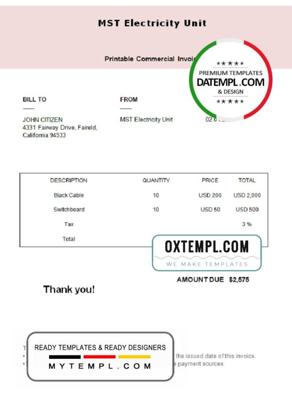 editable template, USA MST Electricity Unit invoice template in Word and PDF format, fully editable