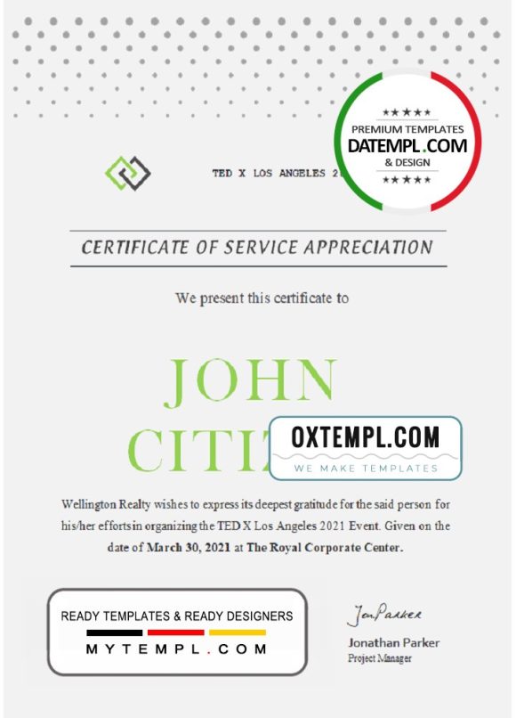 editable template, USA Service certificate template in Word and PDF format