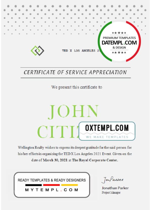 editable template, USA Service certificate template in Word and PDF format
