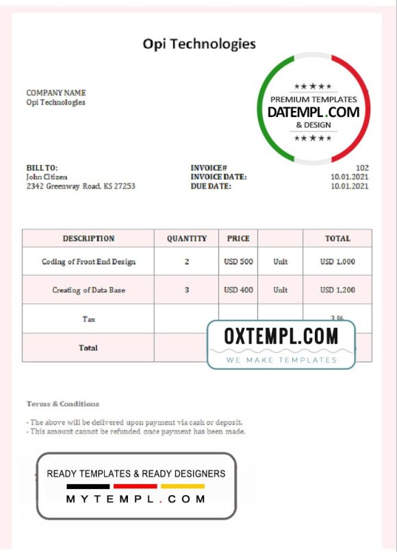 editable template, USA Opi Technologies invoice template in Word and PDF format, fully editable
