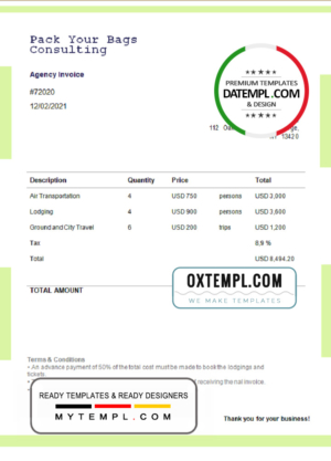 USA Pack Your Bags Consulting invoice template in Word and PDF format, fully editable