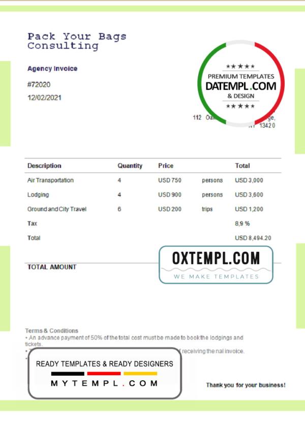 editable template, USA Pack Your Bags Consulting invoice template in Word and PDF format, fully editable