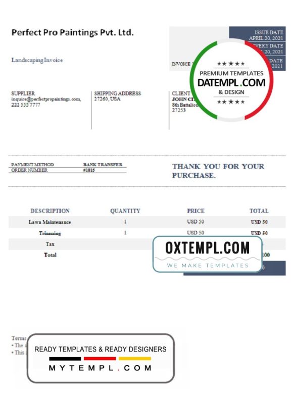 editable template, USA Perfect Pro Paintings Pvt. Ltd. invoice template in Word and PDF format, fully editable