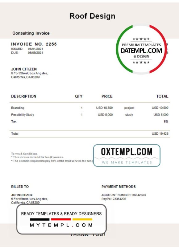 editable template, USA Roof Design invoice template in Word and PDF format, fully editable
