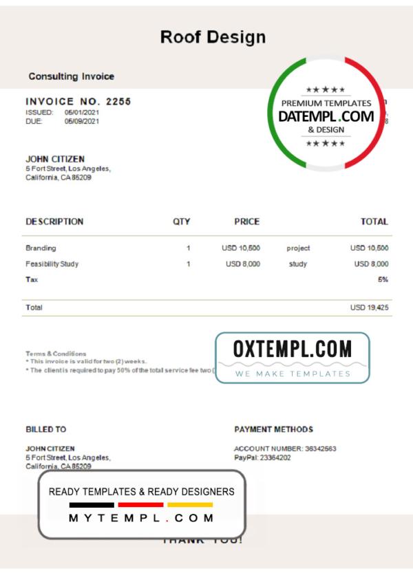 editable template, USA Roof Design invoice template in Word and PDF format, fully editable