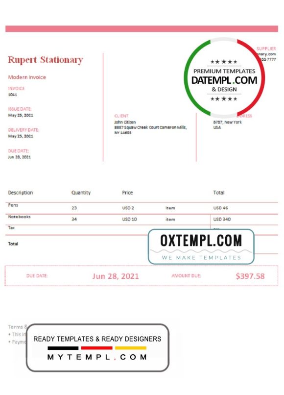 editable template, USA Rupert Stationary invoice template in Word and PDF format, fully editable