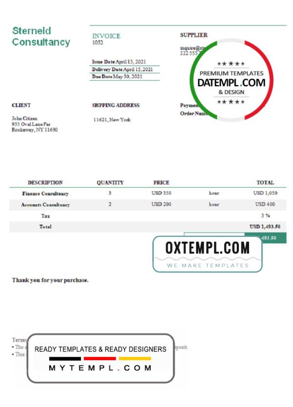 editable template, USA Sterneld Consultancy invoice template in Word and PDF format, fully editable