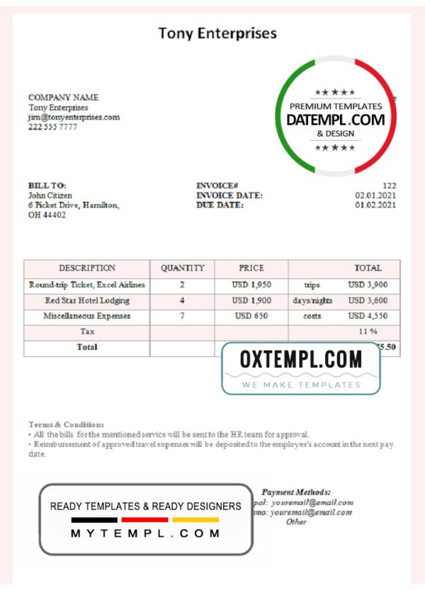 editable template, USA Tony Enterprises invoice template in Word and PDF format, fully editable