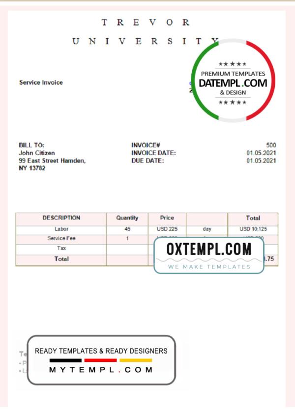 editable template, USA Trevor University invoice template in Word and PDF format, fully editable