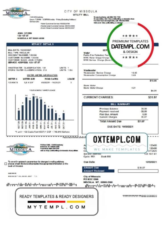 editable template, USA City of Missoula utility bill template in Word and PDF format