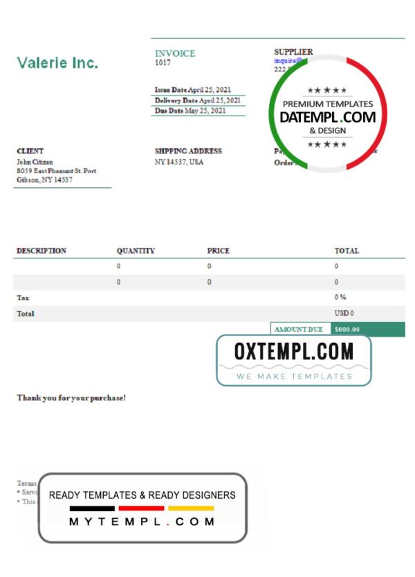 editable template, USA Valerie Inc. invoice template in Word and PDF format, fully editable