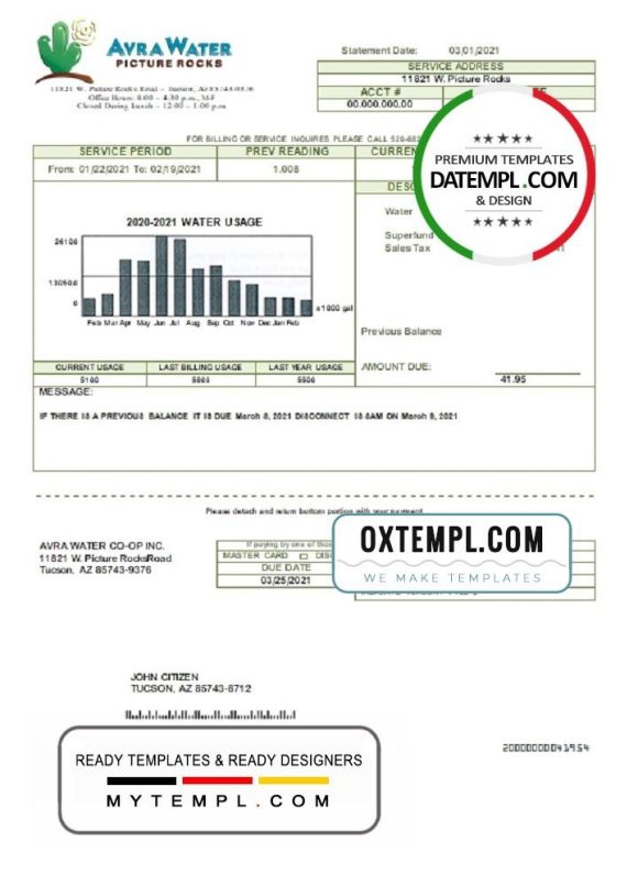 editable template, USA Arizona Avra Water utility bill template in Word and PDF format
