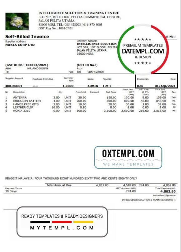 editable template, Malaysia Intelligence Solution & Training Centre self-billed invoice in Word and PDF format