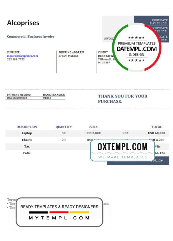 editable template, USA Alcoprises invoice template in Word and PDF format, fully editable