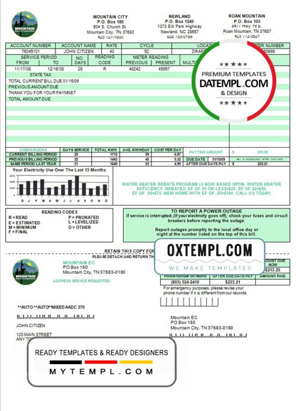 editable template, USA Tennessee Mountain Electric Cooperative, Inc. (MEC) utility bill template in Word and PDF format