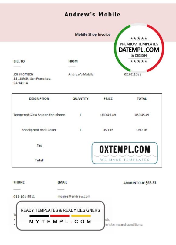 editable template, USA Andrew’s Mobile invoice template in Word and PDF format, fully editable