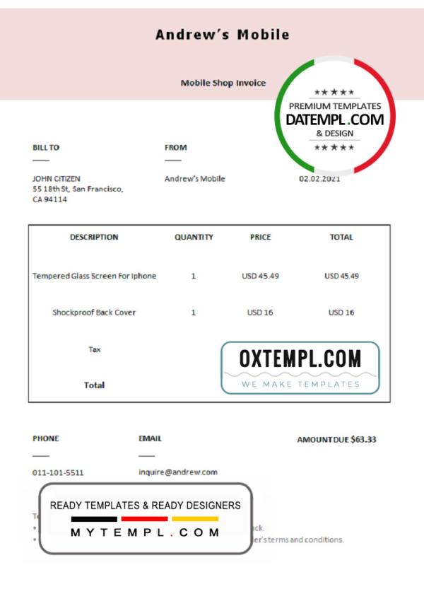 editable template, USA Andrew’s Mobile invoice template in Word and PDF format, fully editable