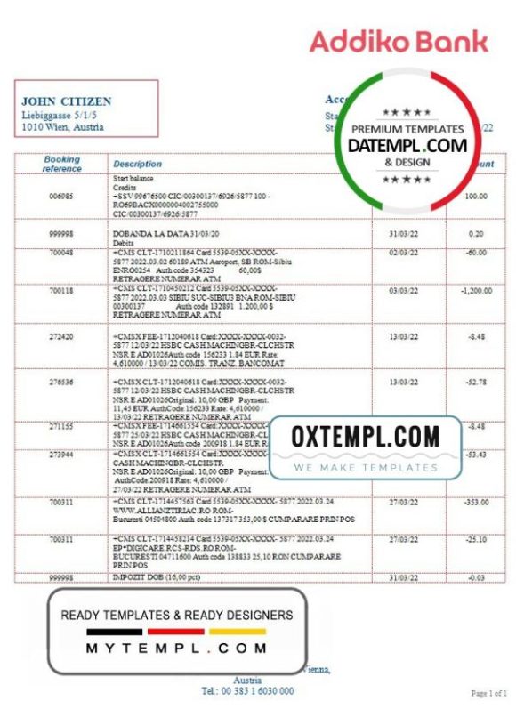 editable template, Austria Addiko bank statement template in Word and PDF format