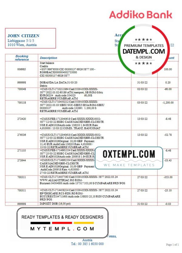 editable template, Austria Addiko bank statement template in Word and PDF format
