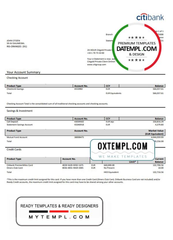editable template, France Citibank bank statement template in Word and PDF format