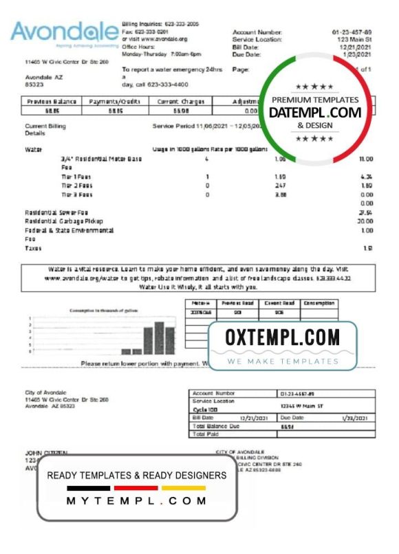 editable template, USA Arizona The City of Avondale Water utility bill template in Word and PDF format