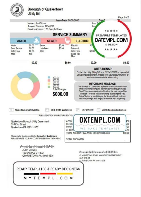 editable template, USA Pennsylvania Quakertown Borough utility bill template in Word and PDF format