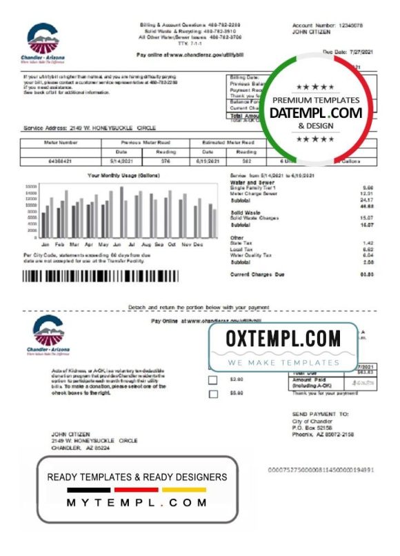 editable template, USA Arizona Chandler Utilities bill template in Word and PDF format