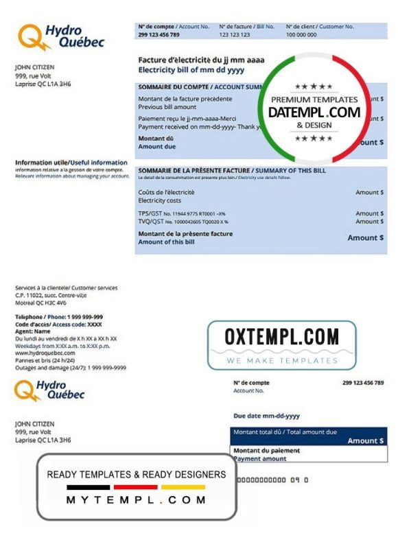 editable template, Canada Hydro-Québec utility bill template in .doc and .pdf format