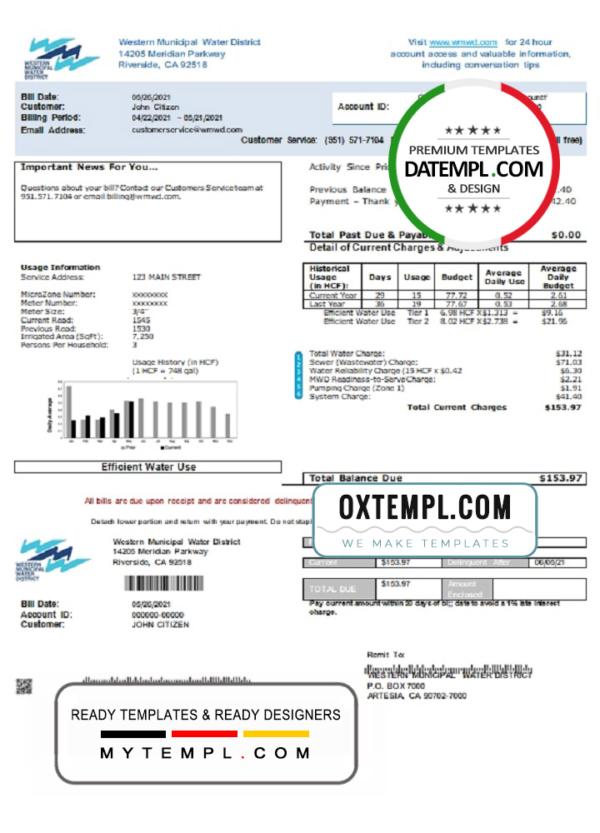 editable template, USA Western Municipal Water District utility bill template in Word and PDF format