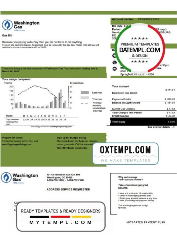 editable template, USA Washington Gas (WGL) utility bill template in Word and PDF format