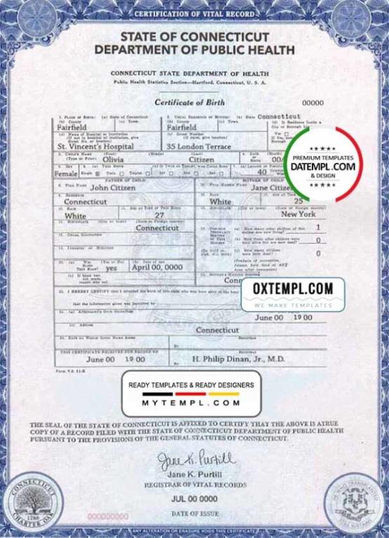 editable template, USA Connecticut state birth certificate template in PSD format, fully editable