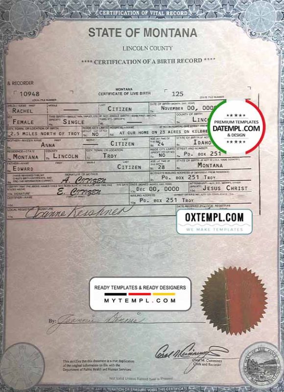 editable template, USA Montana state birth certificate template in PSD format, fully editable