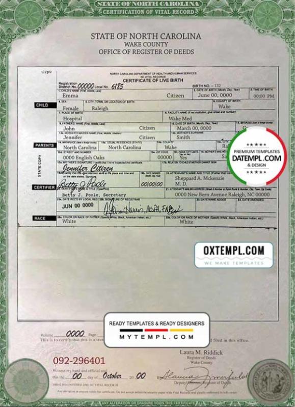 editable template, USA North Carolina state birth certificate template in PSD format, fully editable