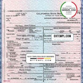 editable template, USA state California County of Ventura death certificate template in PSD format, fully editable