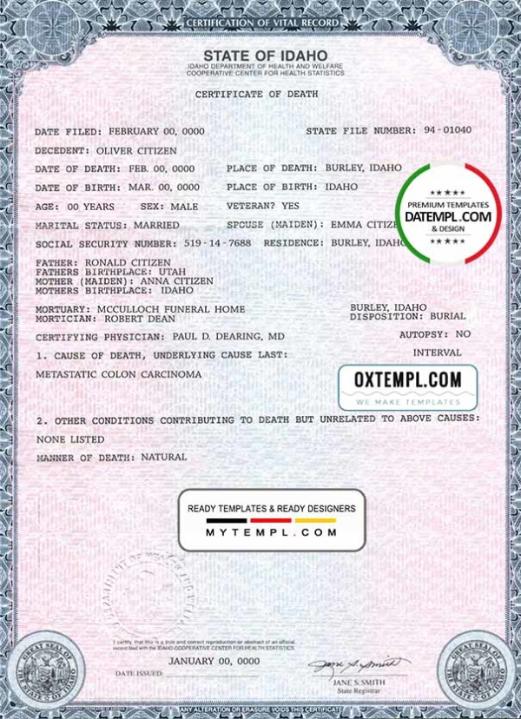 editable template, USA state Idaho death certificate template in PSD format, fully editable