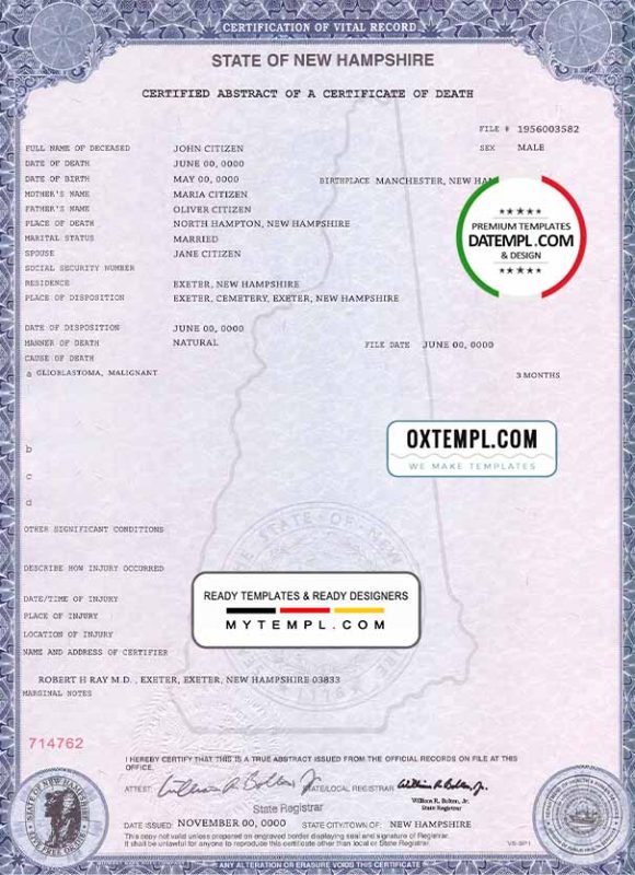 editable template, USA state New Hampshire death certificate template in PSD format, fully editable