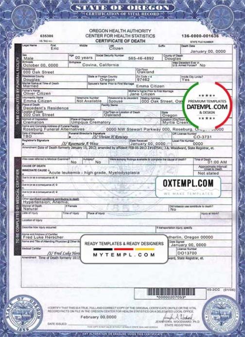 editable template, USA Oregon state death certificate template in PSD format
