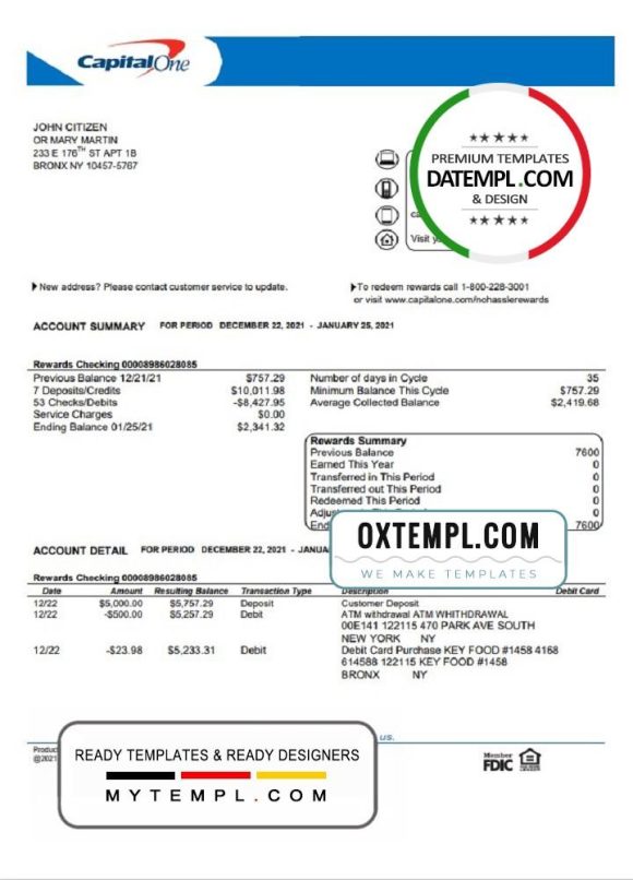 editable template, USA Capital One bank statement template in Word and PDF format, version 4